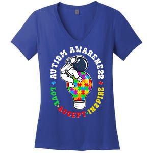 Autism Awareness Love Accept Inspire Astronaut Lightbulb Women's V-Neck T-Shirt