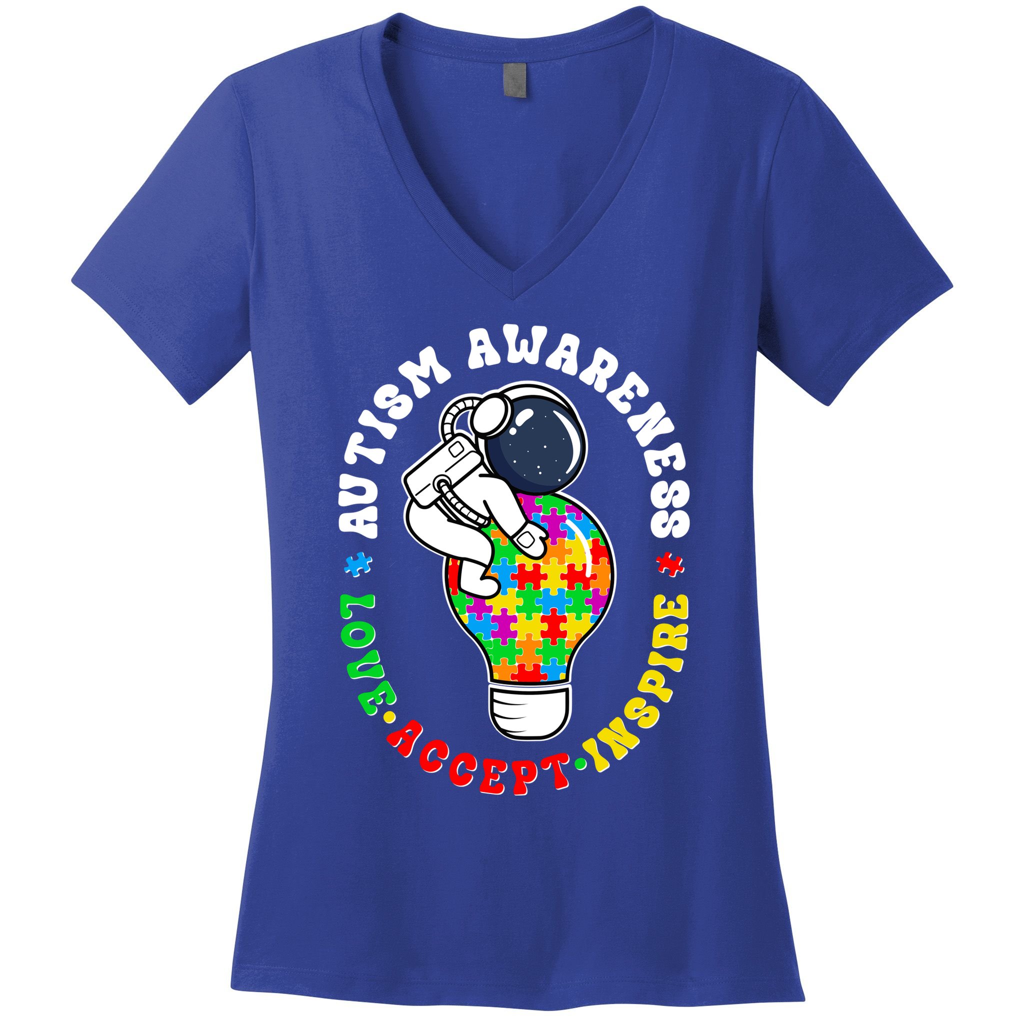 Autism Awareness Love Accept Inspire Astronaut Lightbulb Women's V-Neck T-Shirt