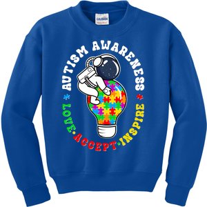 Autism Awareness Love Accept Inspire Astronaut Lightbulb Kids Sweatshirt