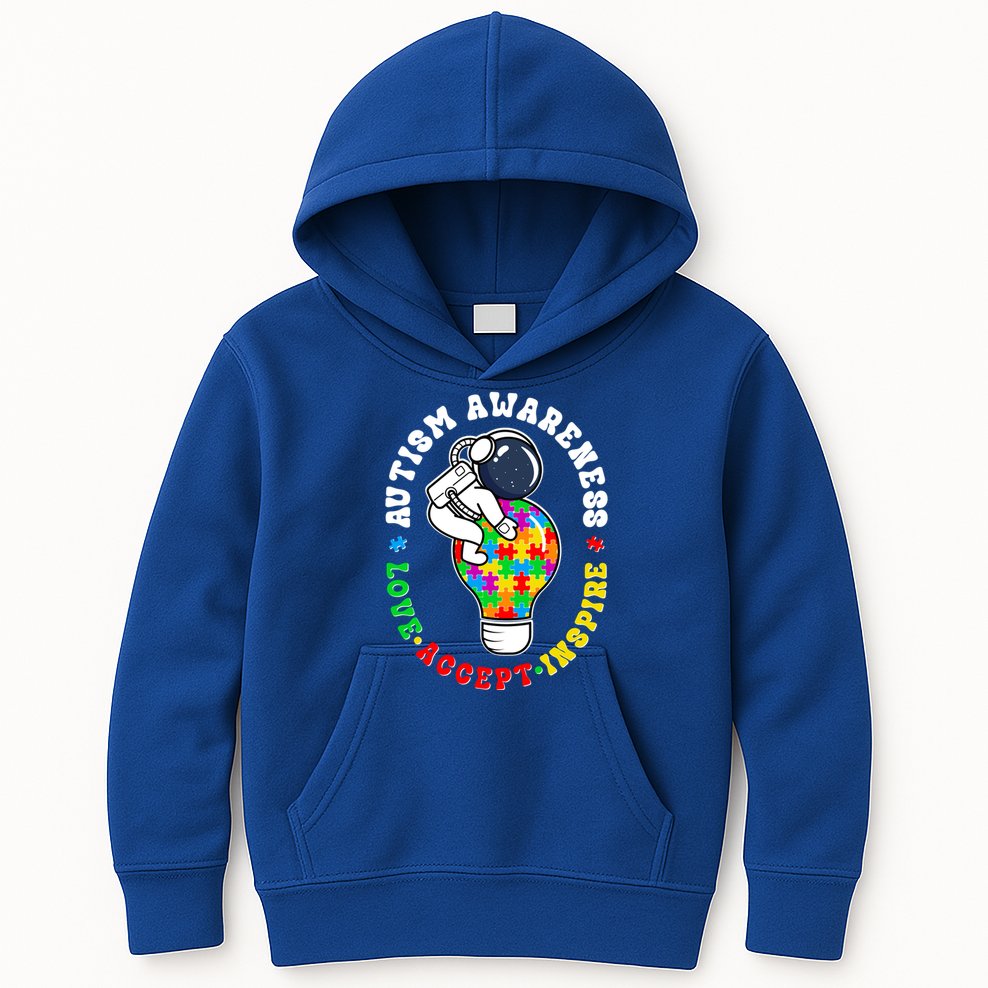 Autism Awareness Love Accept Inspire Astronaut Lightbulb Kids Hoodie