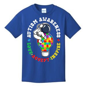 Autism Awareness Love Accept Inspire Astronaut Lightbulb Kids T-Shirt