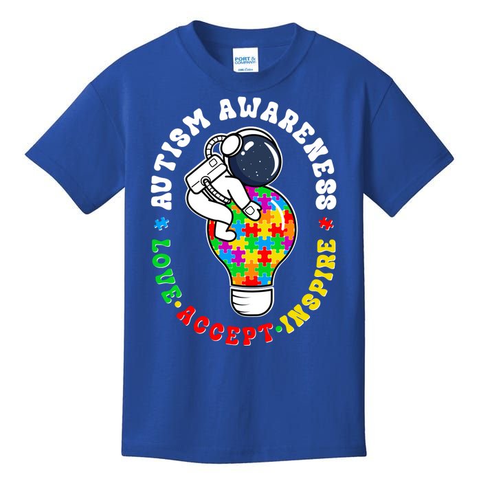 Autism Awareness Love Accept Inspire Astronaut Lightbulb Kids T-Shirt