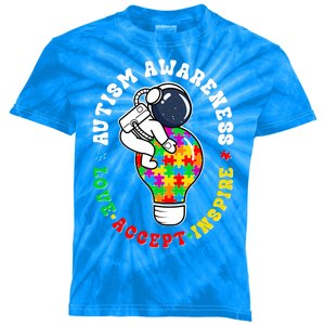 Autism Awareness Love Accept Inspire Astronaut Lightbulb Kids Tie-Dye T-Shirt