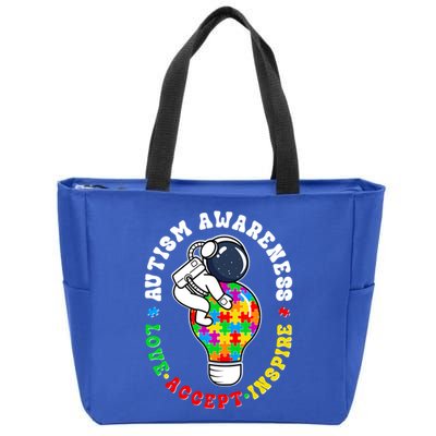 Autism Awareness Love Accept Inspire Astronaut Lightbulb Zip Tote Bag