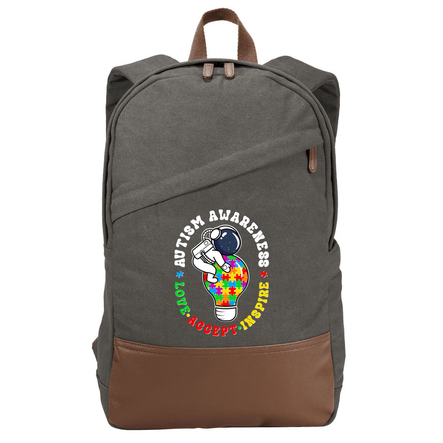 Autism Awareness Love Accept Inspire Astronaut Lightbulb Cotton Canvas Backpack