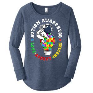 Autism Awareness Love Accept Inspire Astronaut Lightbulb Women's Perfect Tri Tunic Long Sleeve Shirt