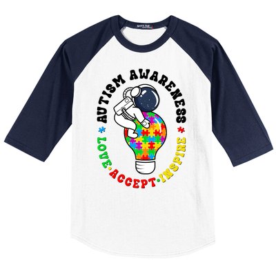 Autism Awareness Love Accept Inspire Astronaut Lightbulb Baseball Sleeve Shirt