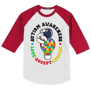 Autism Awareness Love Accept Inspire Astronaut Lightbulb Kids Colorblock Raglan Jersey