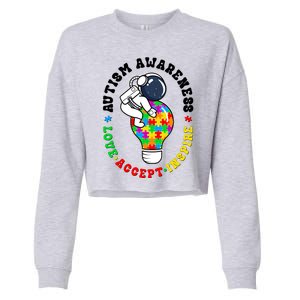 Autism Awareness Love Accept Inspire Astronaut Lightbulb Cropped Pullover Crew