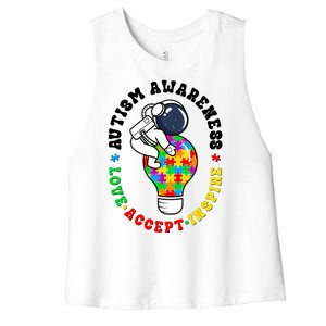 Autism Awareness Love Accept Inspire Astronaut Lightbulb Women's Racerback Cropped Tank