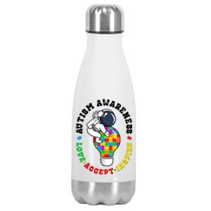 Autism Awareness Love Accept Inspire Astronaut Lightbulb Stainless Steel Insulated Water Bottle