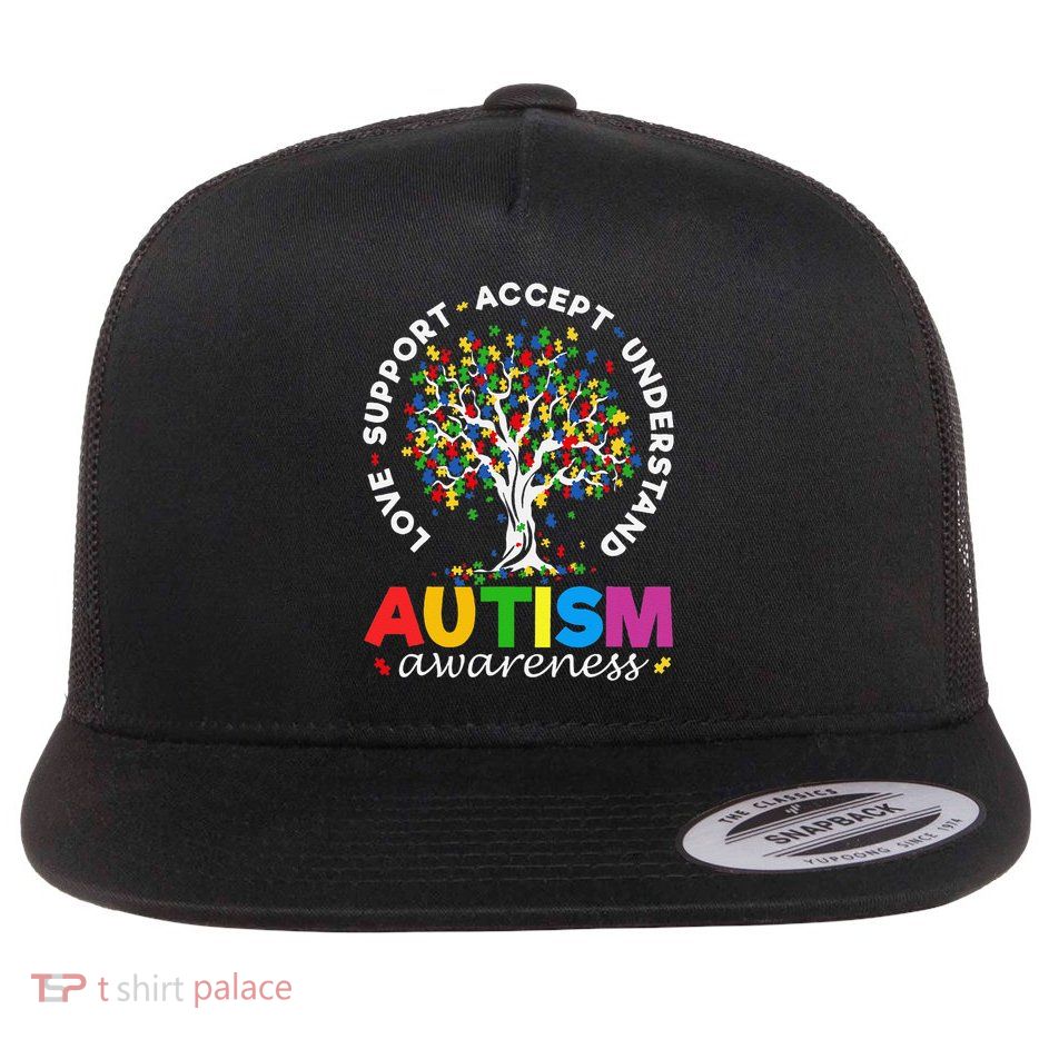 Autism Awareness Love Support Accept Understand Autistic Flat Bill Trucker Hat