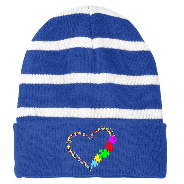 Autism Awareness Love Heart Puzzle Piece Gift Gift Striped Beanie with Solid Band