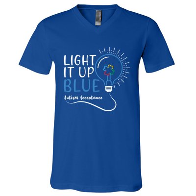 Acceptance April Light Bulb Blue For Autism Awareness Cute Gift V-Neck T-Shirt