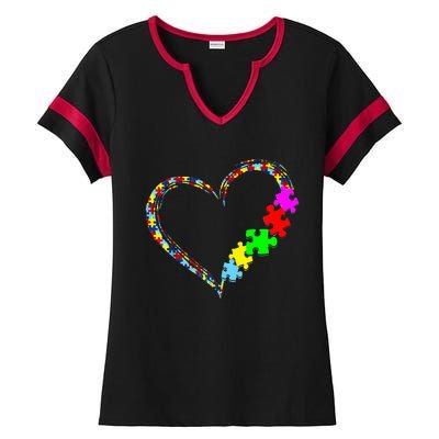 Autism Awareness Love Heart Puzzle Piece Gift Ladies Halftime Notch Neck Tee