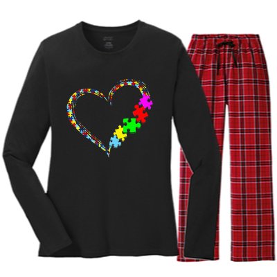 Autism Awareness Love Heart Puzzle Piece Gift Women's Long Sleeve Flannel Pajama Set 