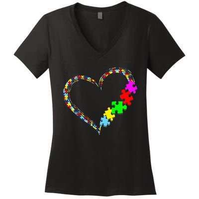 Autism Awareness Love Heart Puzzle Piece Gift Women's V-Neck T-Shirt