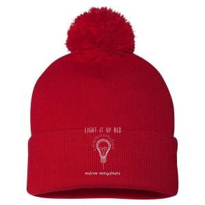 Autism Acceptance Light It Up Red redinstead Pom Pom 12in Knit Beanie