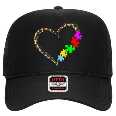 Autism Awareness Love Heart Puzzle Piece Valentines Day High Crown Mesh Back Trucker Hat