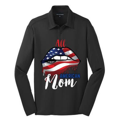 All American Mom 4th Of July Pride Patriot Flag Mother Gift Silk Touch Performance Long Sleeve Polo