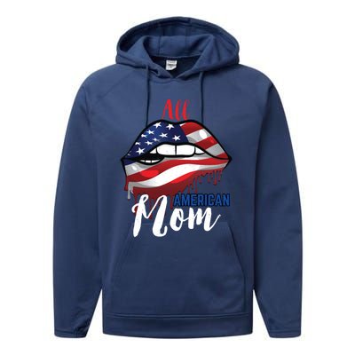 All American Mom 4th Of July Pride Patriot Flag Mother Gift Performance Fleece Hoodie