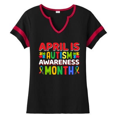 April Autism Month Colorful Typography Autism Awareness Month Puzzle Pieces Ladies Halftime Notch Neck Tee