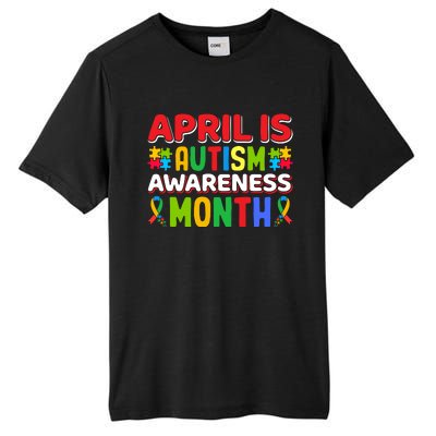 April Autism Month Colorful Typography Autism Awareness Month Puzzle Pieces Tall Fusion ChromaSoft Performance T-Shirt