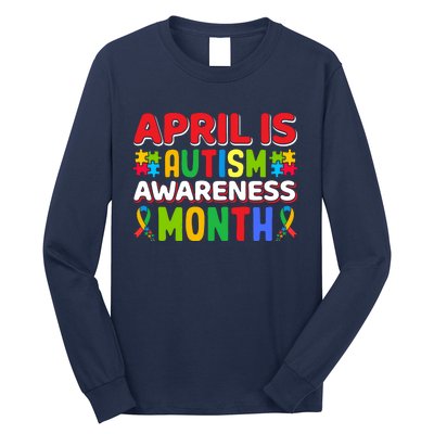 April Autism Month Colorful Typography Autism Awareness Month Puzzle Pieces Long Sleeve Shirt