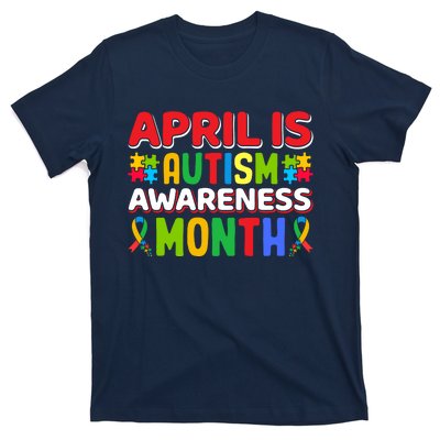 April Autism Month Colorful Typography Autism Awareness Month Puzzle Pieces T-Shirt