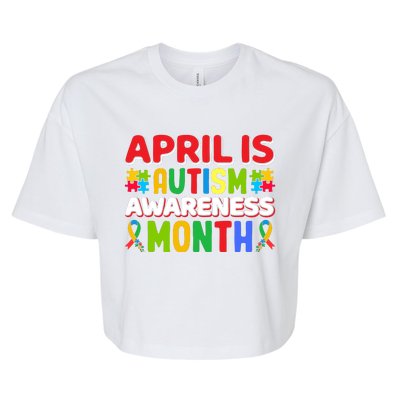 April Autism Month Colorful Typography Autism Awareness Month Puzzle Pieces Bella+Canvas Jersey Crop Tee