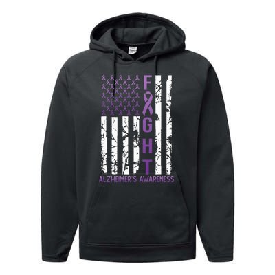 AlzheimerS Awareness Month Day Usa Flag Ribbon Purple Performance Fleece Hoodie