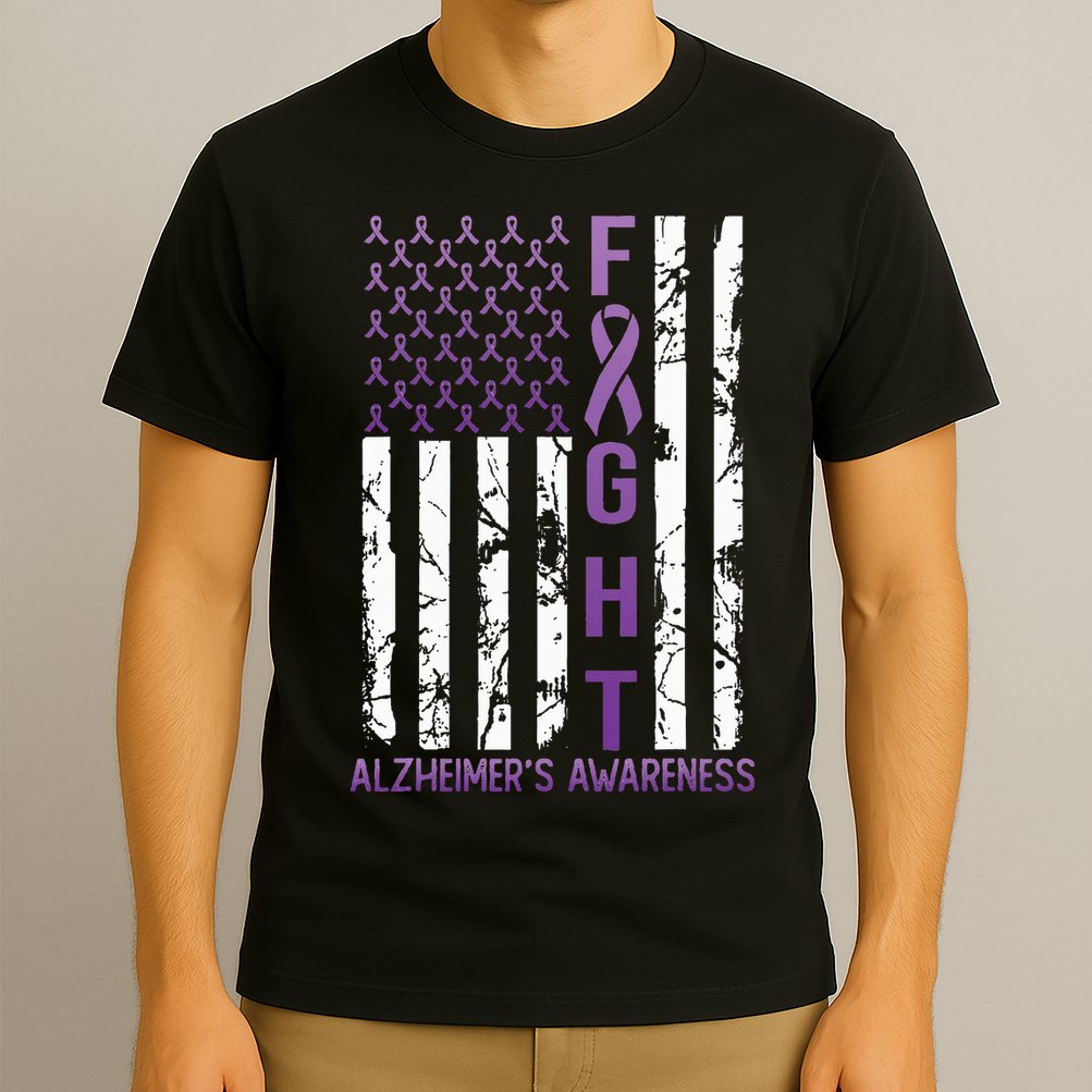 AlzheimerS Awareness Month Day Usa Flag Ribbon Purple T-Shirt