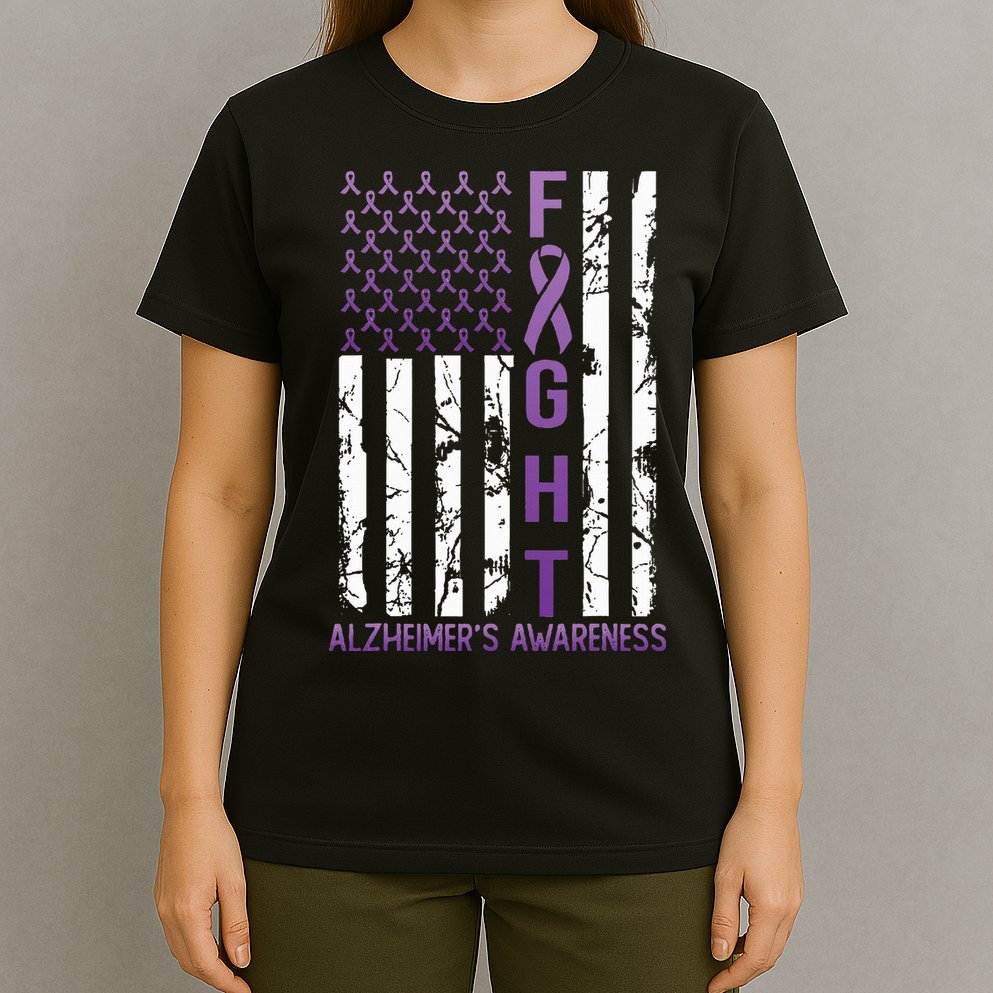 AlzheimerS Awareness Month Day Usa Flag Ribbon Purple T-Shirt