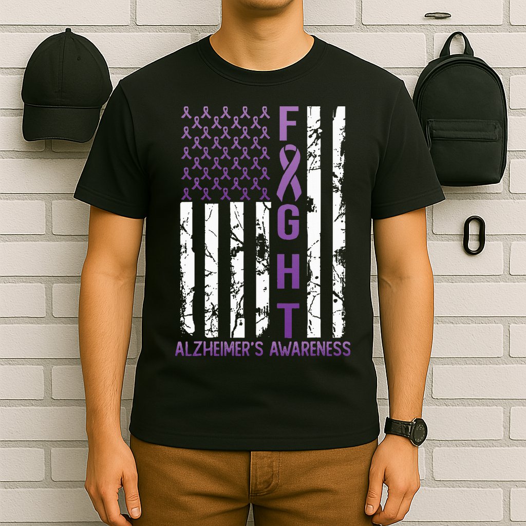 AlzheimerS Awareness Month Day Usa Flag Ribbon Purple T-Shirt