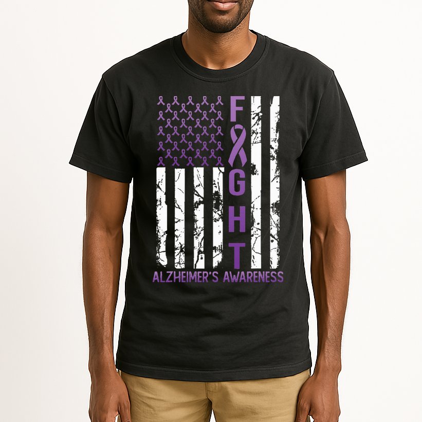 AlzheimerS Awareness Month Day Usa Flag Ribbon Purple Tall T-Shirt