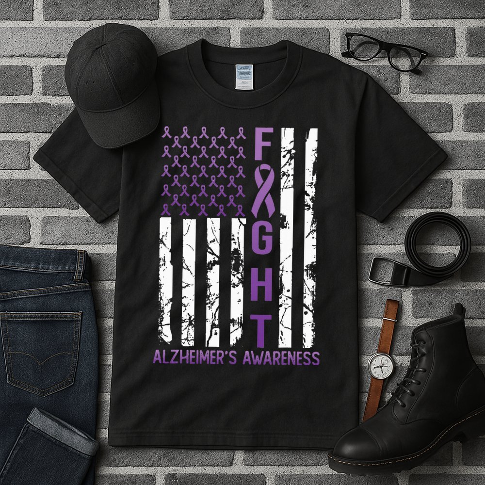 AlzheimerS Awareness Month Day Usa Flag Ribbon Purple Tall T-Shirt