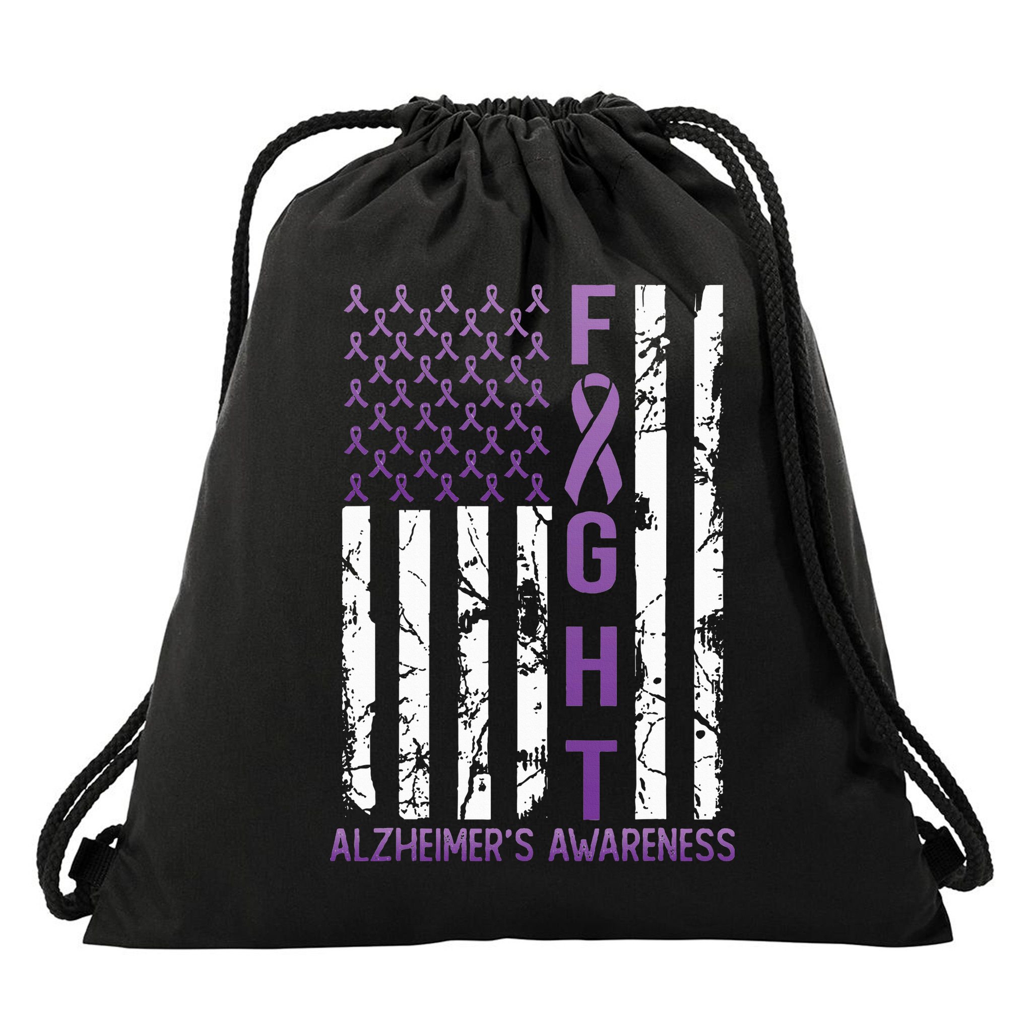 AlzheimerS Awareness Month Day Usa Flag Ribbon Purple Drawstring Bag