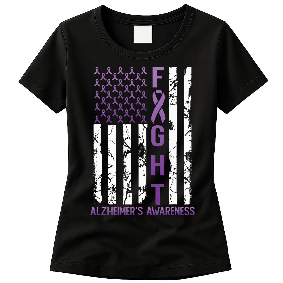 AlzheimerS Awareness Month Day Usa Flag Ribbon Purple Womens T-Shirt