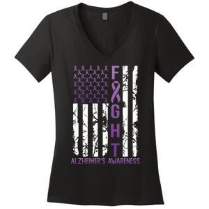 AlzheimerS Awareness Month Day Usa Flag Ribbon Purple Women's V-Neck T-Shirt