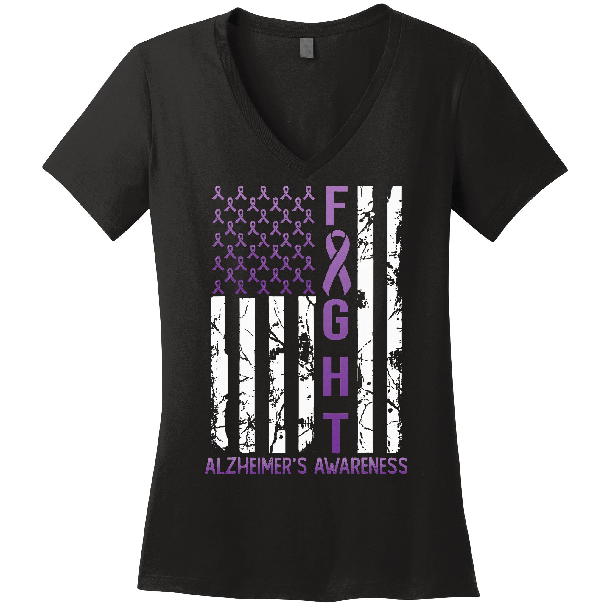 AlzheimerS Awareness Month Day Usa Flag Ribbon Purple Women's V-Neck T-Shirt