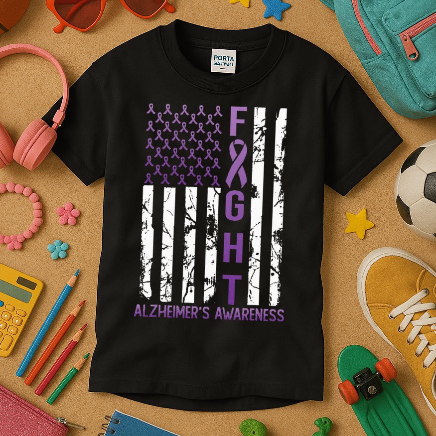 AlzheimerS Awareness Month Day Usa Flag Ribbon Purple Kids T-Shirt