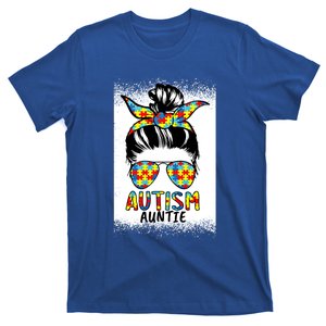 Autism Auntie Messy Bun Bleached Aunt Autism Awareness Cute Gift T-Shirt