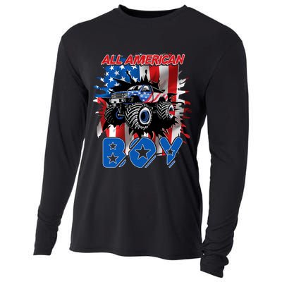 All American Monster Truck Patriotic Usa Flag July 4th Cute Gift Cooling Performance Long Sleeve Crew