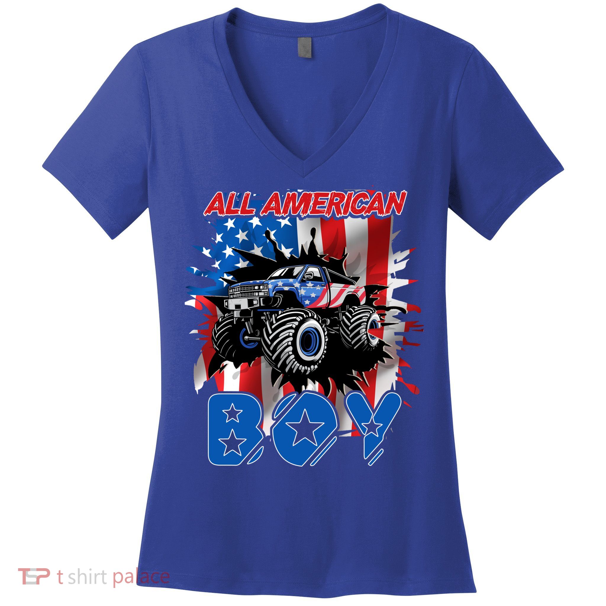 All American Monster Truck Patriotic Usa Flag July 4th Cute Gift Women's V-Neck T-Shirt