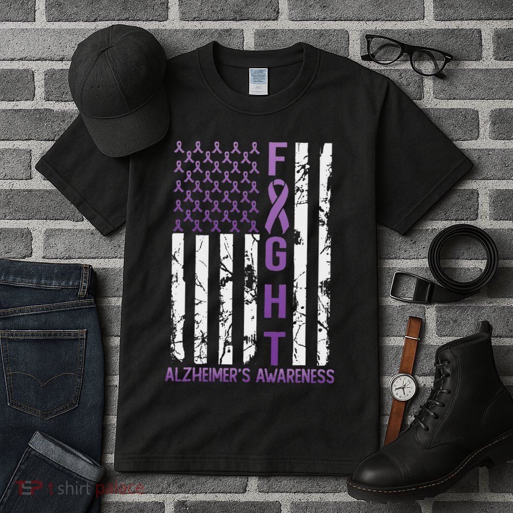 Alzheimer's Awareness Month Day Usa Flag Ribbon Purple Tall T-Shirt
