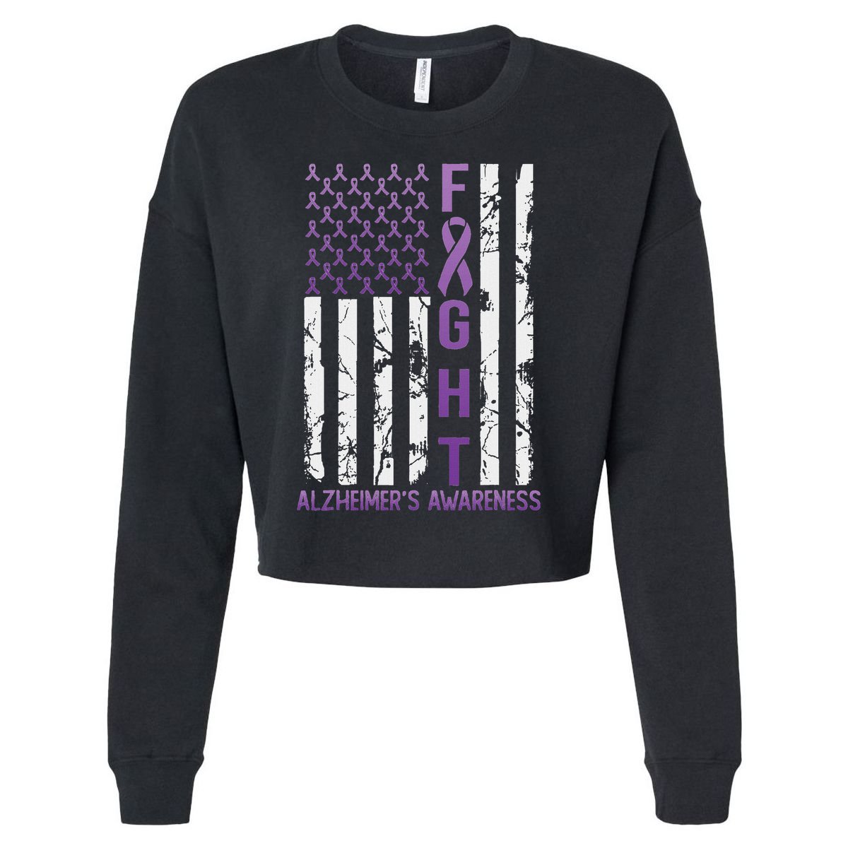 Alzheimer's Awareness Month Day Usa Flag Ribbon Purple Cropped Pullover Crew
