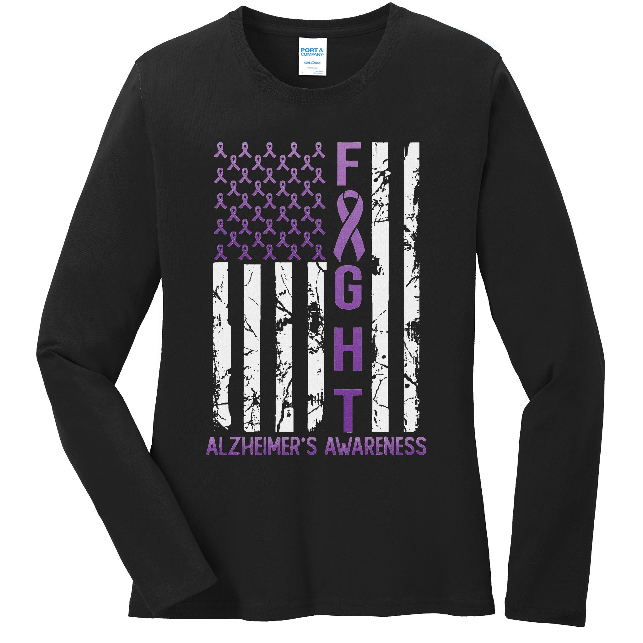 Alzheimer's Awareness Month Day Usa Flag Ribbon Purple Ladies Long Sleeve Shirt