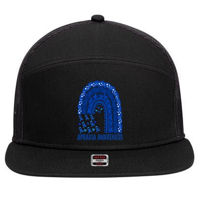 Apraxia Awareness Month Wear A Blue Ribbon In May Rainbow Gift 7 Panel Mesh Trucker Snapback Hat