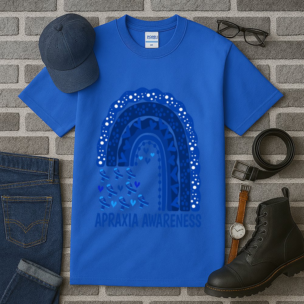 Apraxia Awareness Month Wear A Blue Ribbon In May Rainbow Gift Tall T-Shirt