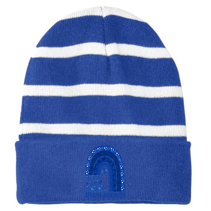 Apraxia Awareness Month Wear A Blue Ribbon In May Rainbow Gift Striped Beanie with Solid Band